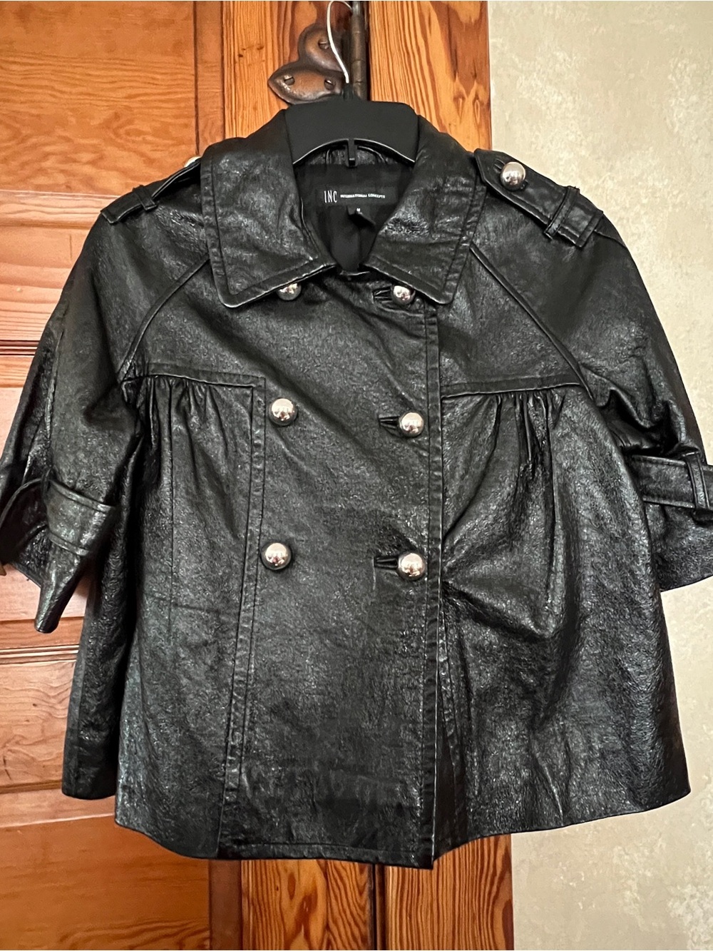 INC Women’s Avant Garde Babydoll Black Leather Button Up Jacket Size M Glam Punk